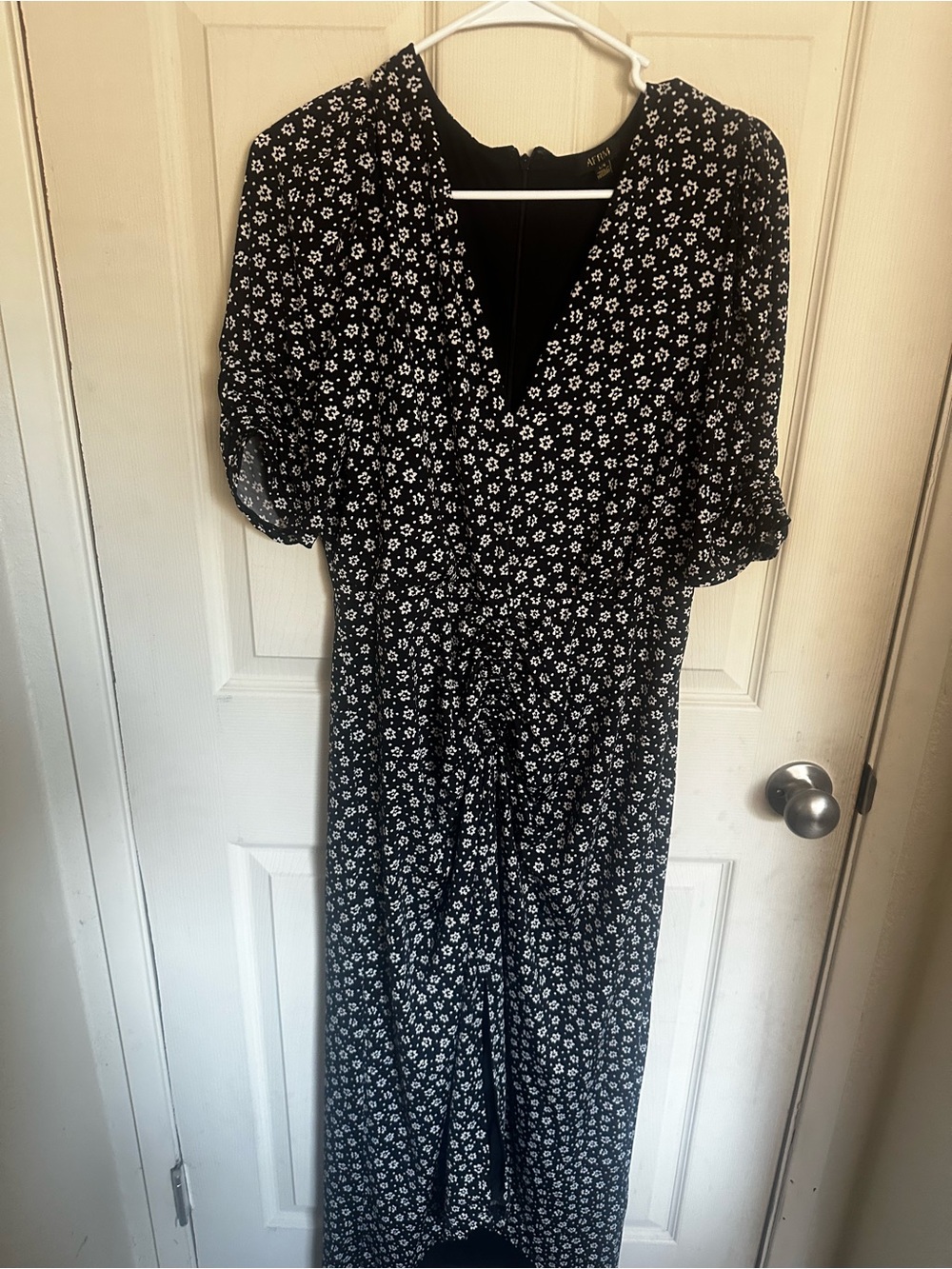 AFRM Black Floral V-Neck Midi Dress size L center slit